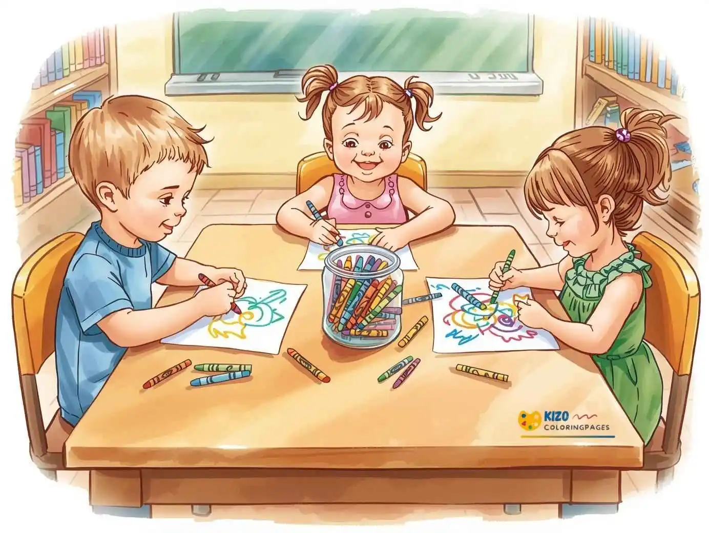Children Coloring Activity with Crayons in Classroom | Kizo