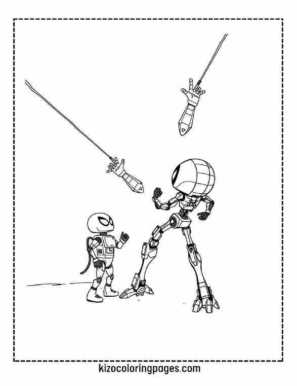 Iron Spider facing a cartoon robot with mechanical legs raised, minimal ground and sky detail.