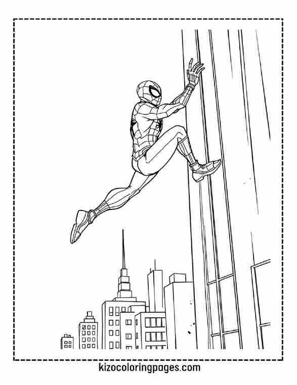 Iron Spider climbing a tall building using his mechanical spider legs in a dynamic superhero scene.
