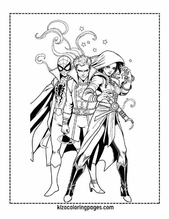 Spider-Man, Doctor Strange and Scarlet Witch with swirling magical energy and glowing mystical effects in a vivid comic style.