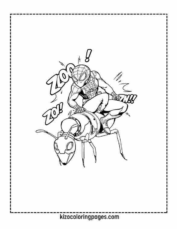 Spider-Man and Ant-Man riding a giant ant with Zoom effects, superhero coloring page for kids.
