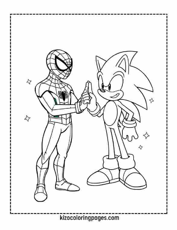 Spider-Man and Sonic giving each other a high-five in a fun, simple coloring page.