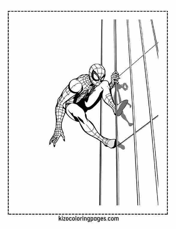 Black line art of Spider Man crawling up a glass skyscraper.