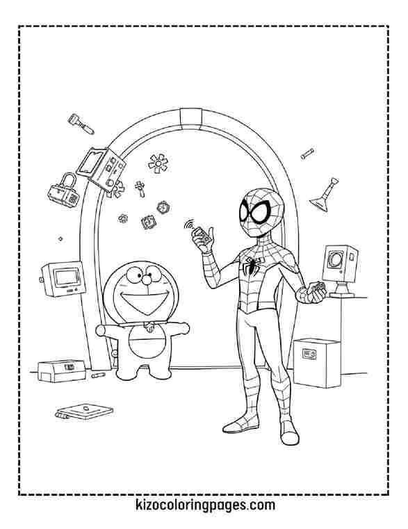 Doraemon and Spider Man in front of an open portal with gadgets popping out, both reacting in surprise.