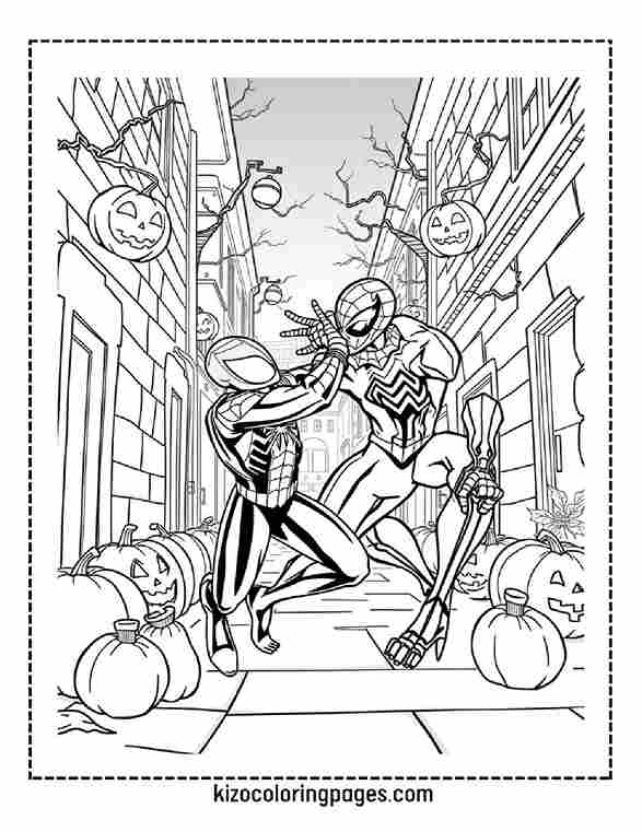 Spider-Man and Venom battling in a pumpkin-lit alley on Halloween.