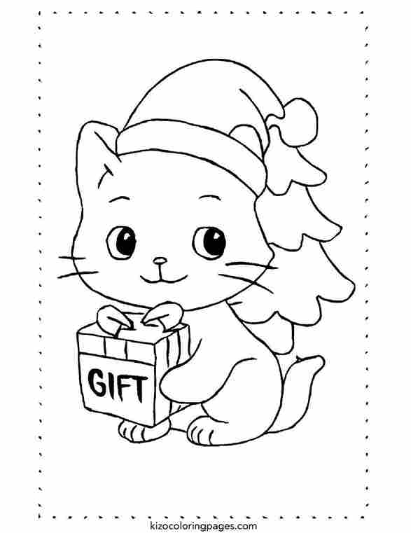 Christmas Cat with Gift and Tree