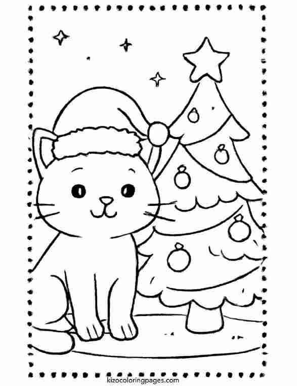 Christmas Cat with Tree and Dotted Border