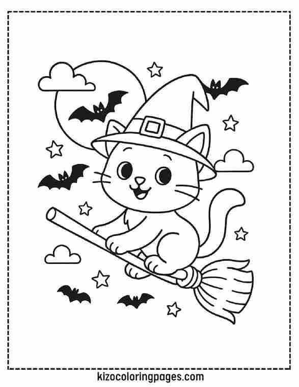 Cute Halloween Cat on Broomstick