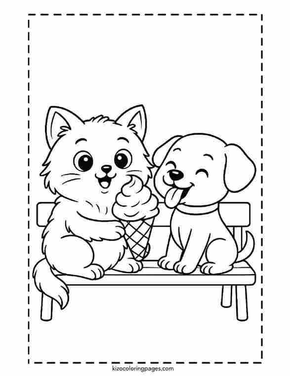 Cute Kitten and Puppy Sharing Ice Cream