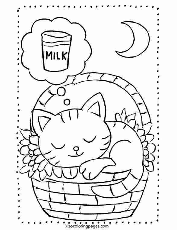 Cute Sleeping Cat in Basket Dreaming of Milk