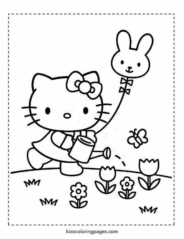 Hello Kitty Watering Flowers with Bunny Balloon