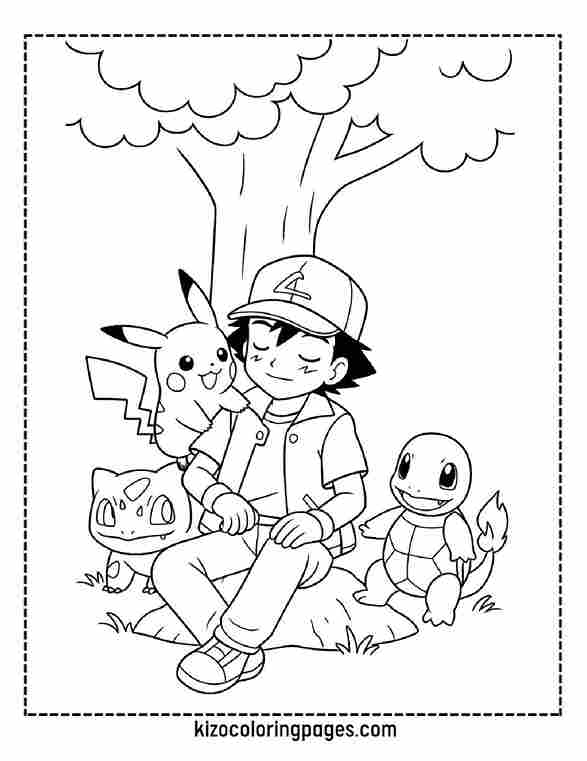 Ash Resting Under Tree with Pokémon