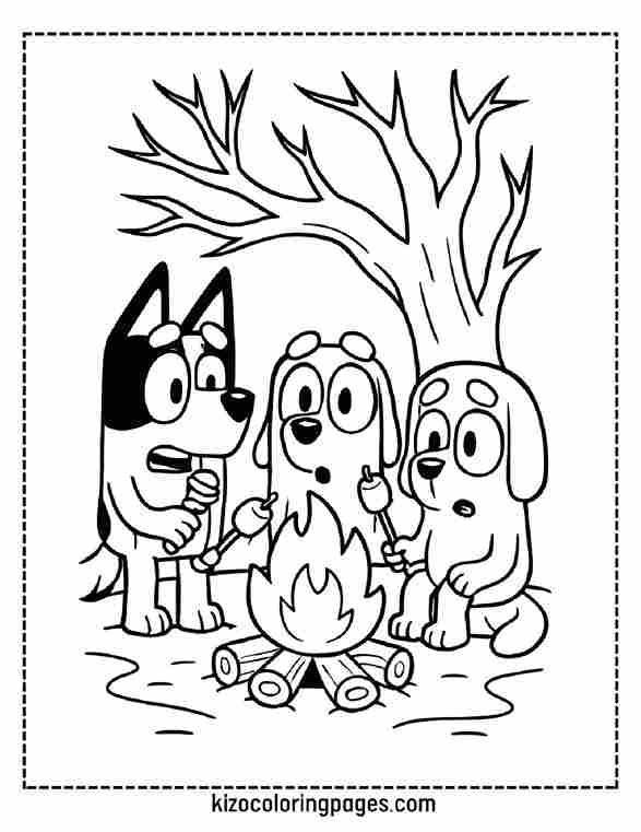 Bluey and Friends Telling Spooky Stories Around a Campfire