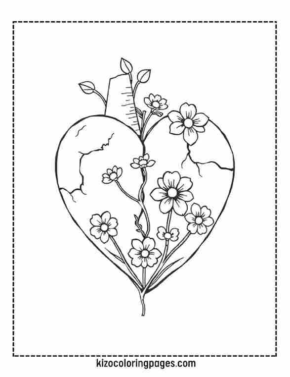 Broken heart healed with flowers growing through cracks