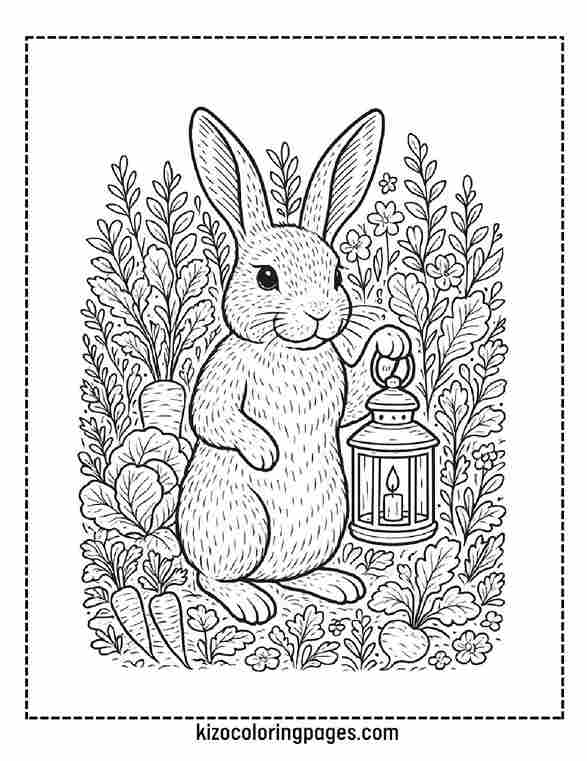 Bunny Holding Lantern in Lush Vegetable Garden Line Art