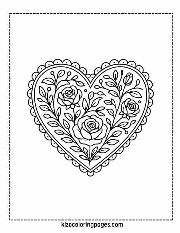 Elegant lace heart frame with vines, roses, and buds, beautiful