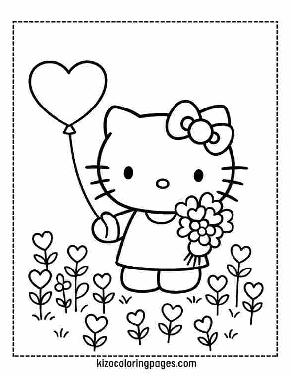 Hello Kitty with Heart Balloon & Flowers