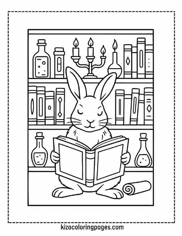 Library Bunny Rabbit Reading Among Books and Magical Objects