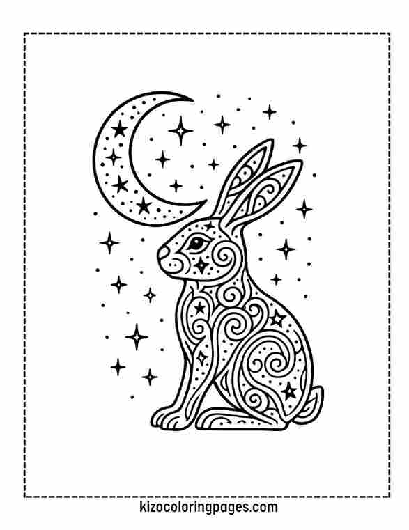 Moonlight Bunny Intricate Rabbit Under Crescent Moon with Celestial Patterns