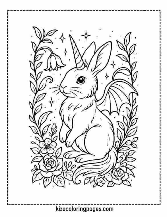 Mythical Bunny with Dragon Wings and Enchanted Garden Line Art