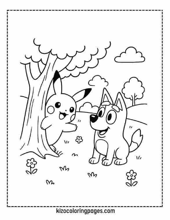 Pikachu and Bluey Playing Hide-and-Seek in the Park