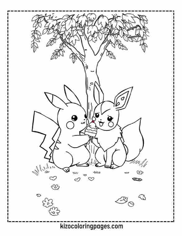 Pikachu and Eevee Sharing Ice Cream Under a Tree