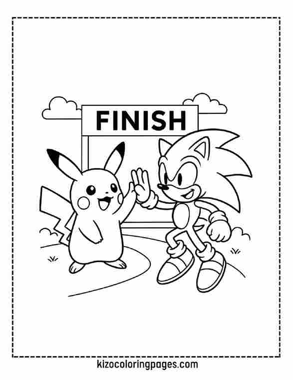Pikachu and Sonic High-Fiving at Finish line