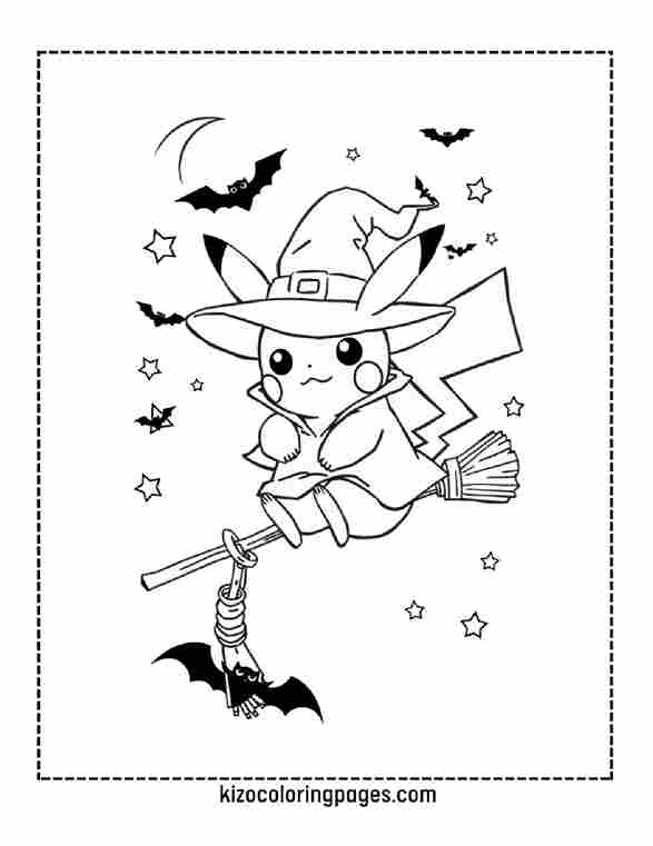 Pikachu as a Witch Flying on Broomstick