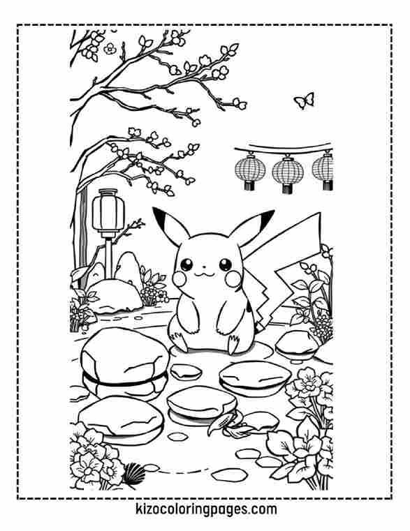 Pikachu in Zen Garden with Stones, Koi Fish, and Lanterns