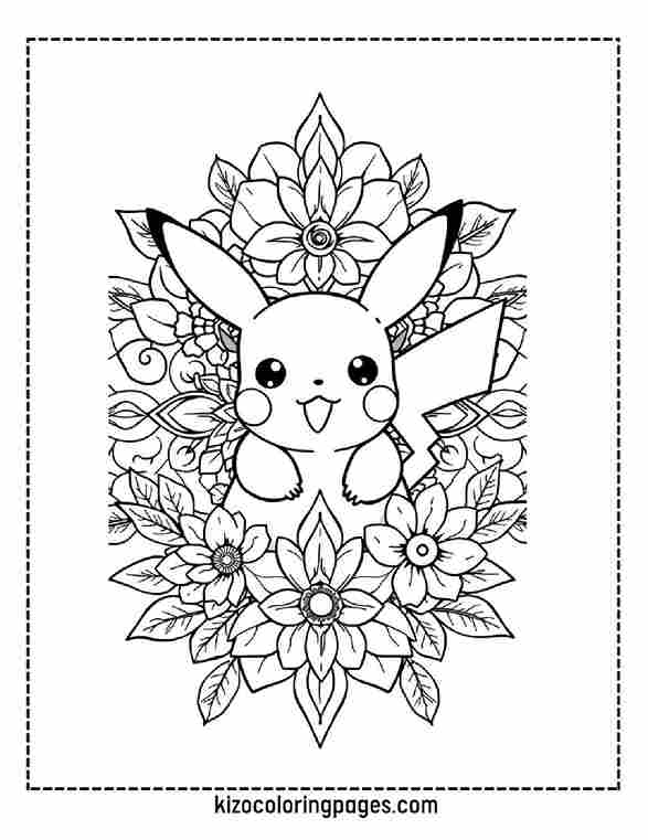 Pikachu with Mandala Flowers and Leaves Detailed Pattern
