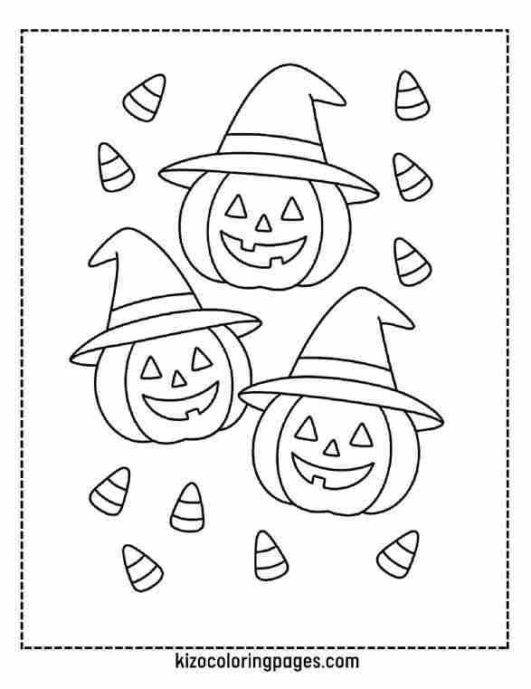 Smiling Pumpkins in Witch Hats with Candy Corn