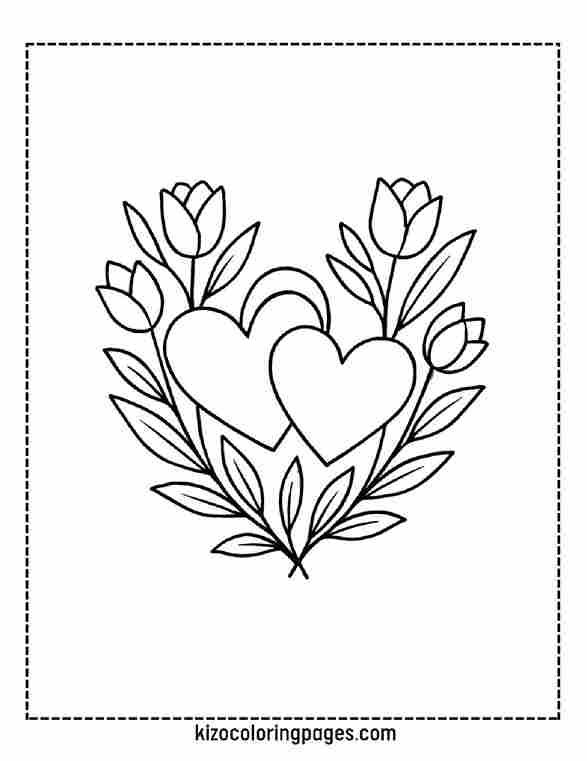 Two intertwined hearts with tulips and leaves