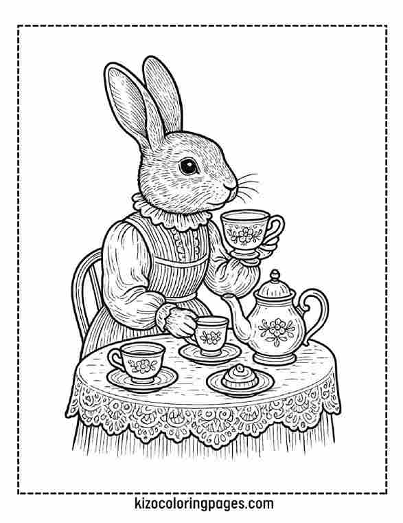 Victorian Tea Party Bunny Black Line Art